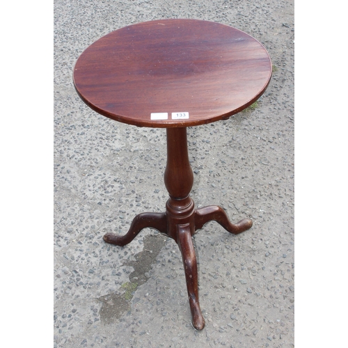 133 - Antique mahogany tilt top table with tripod base, approx 50cm in diameter x 74cm tall