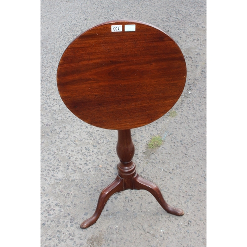 133 - Antique mahogany tilt top table with tripod base, approx 50cm in diameter x 74cm tall