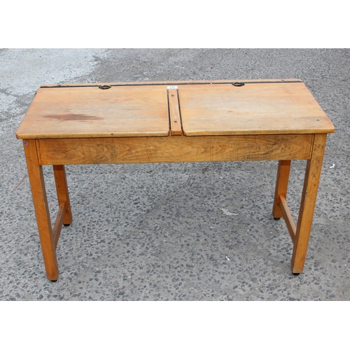 141 - Vintage wooden double school desk, approx 102cm wide x 45cm deep x 66cm tall