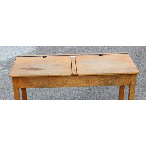 141 - Vintage wooden double school desk, approx 102cm wide x 45cm deep x 66cm tall