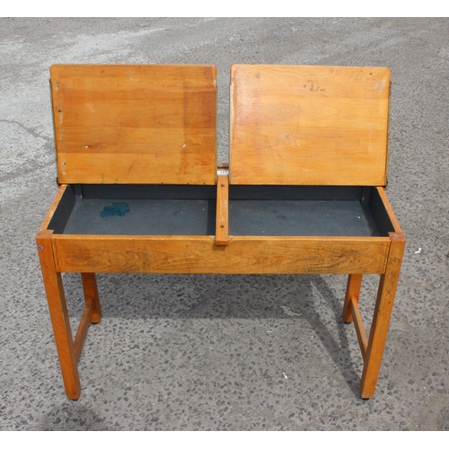 141 - Vintage wooden double school desk, approx 102cm wide x 45cm deep x 66cm tall