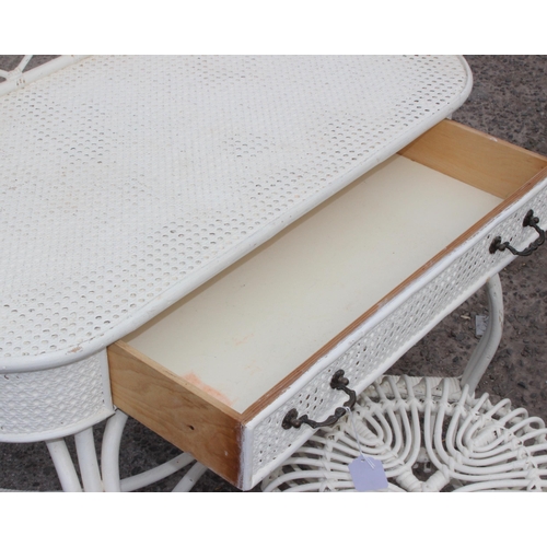 143 - A retro white painted bamboo and rattan desk with drawer and a white painted bamboo stool likely by ... 