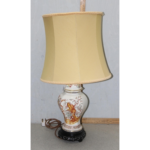 247 - An Oriental polychrome decorated pottery table lamp with shade, approx 76cm tall