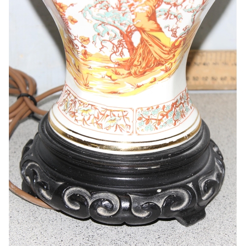 247 - An Oriental polychrome decorated pottery table lamp with shade, approx 76cm tall