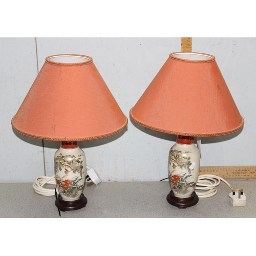 265 - Pair of Japanese Satsuma table lamps with shades and wooden bases