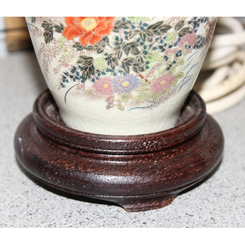 265 - Pair of Japanese Satsuma table lamps with shades and wooden bases