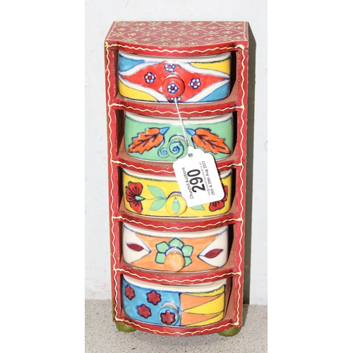 290 - A miniature 5 drawer chest of drawers with coloured pottery drawers, approx 30cm tall