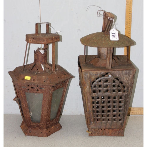 353 - 2 large weathered metal garden lanterns, the largest approx 60cm tall