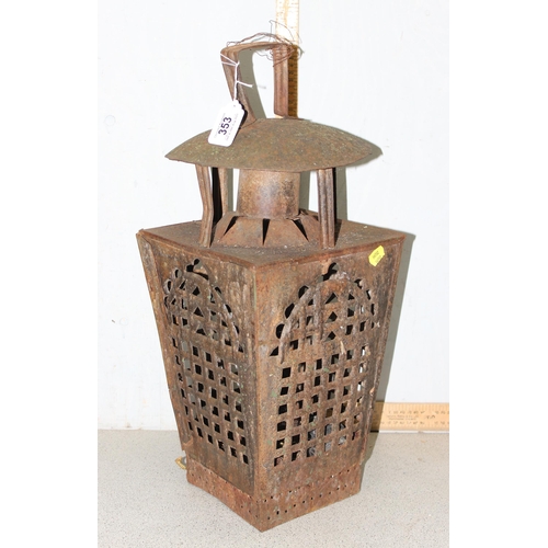 353 - 2 large weathered metal garden lanterns, the largest approx 60cm tall