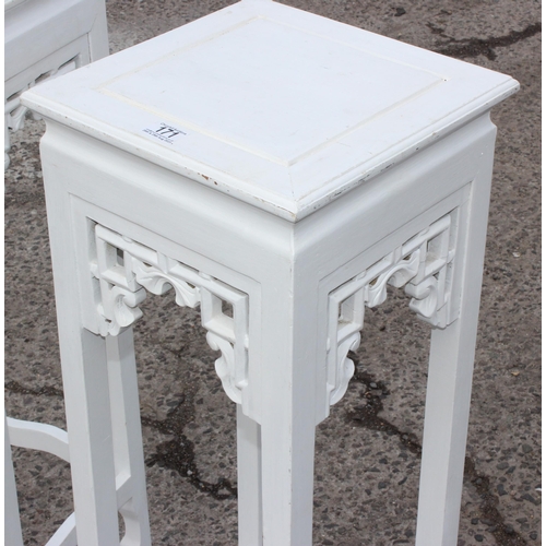 171 - A pair of vintage white painted Chinese style jardiniere stands, each approx 32cm wide x 32cm deep x... 