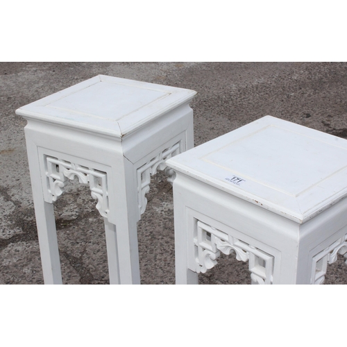 171 - A pair of vintage white painted Chinese style jardiniere stands, each approx 32cm wide x 32cm deep x... 