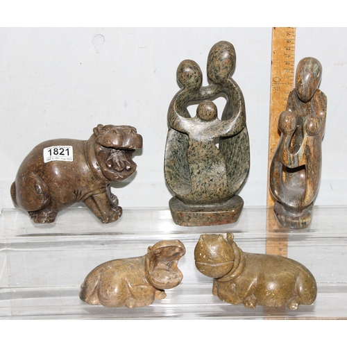 1821 - 3 African carved soapstone hippos and 2 other soapstone carvings (5)