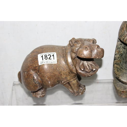 1821 - 3 African carved soapstone hippos and 2 other soapstone carvings (5)