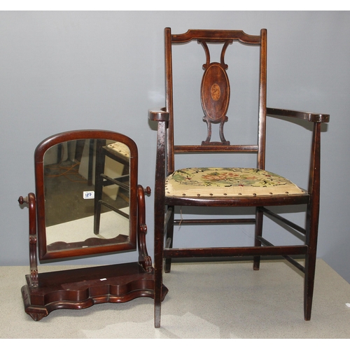 187 - An Edwardian bedroom chair with tapestry seat and a Victorian mahogany dressing table mirror (2)