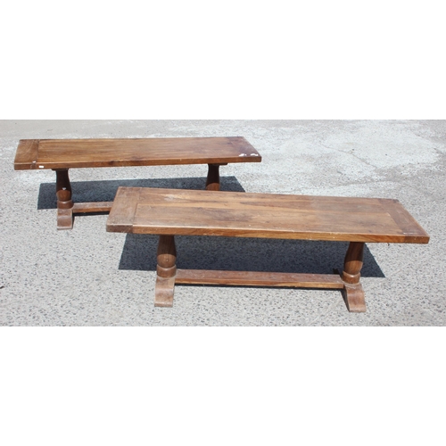 53 - A hardwood dining table and 2 matching benches, approx 180cm wide x 93cm deep x 75cm tall