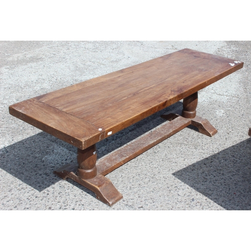 53 - A hardwood dining table and 2 matching benches, approx 180cm wide x 93cm deep x 75cm tall