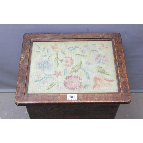 101 - A vintage oak sewing box table with tapestry top, approx 44cm wide x 36cm deep x 63cm tall