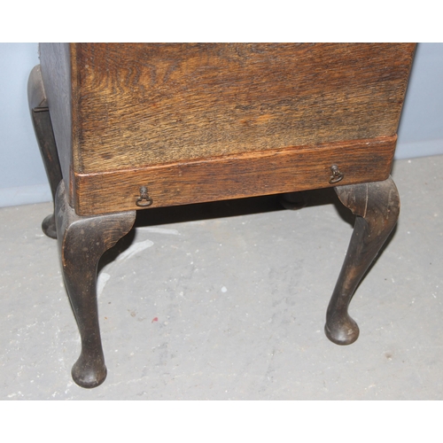 101 - A vintage oak sewing box table with tapestry top, approx 44cm wide x 36cm deep x 63cm tall