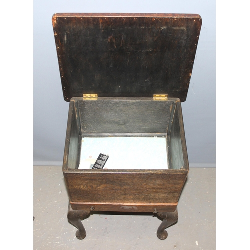 101 - A vintage oak sewing box table with tapestry top, approx 44cm wide x 36cm deep x 63cm tall