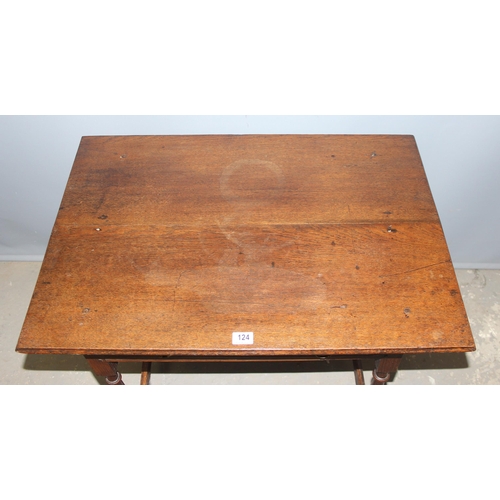 124 - An antique oak console table with single drawer and turned legs, approx 87cm wide x 61cm deep x 72cm... 