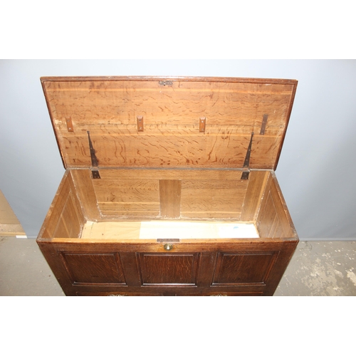 126 - An antique oak mule chest or coffer with 2 drawers, approx 118cm wide x 52cm deep x 77cm tall