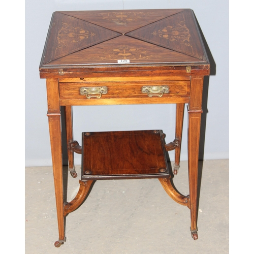 129 - A late Victorian or Edwardian Rosewood and Marquetry-Inlaid Envelope Card Table c.1900, with four pi... 