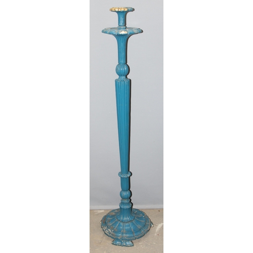 138 - A vintage blue painted wooden candlestick, approx 140cm tall