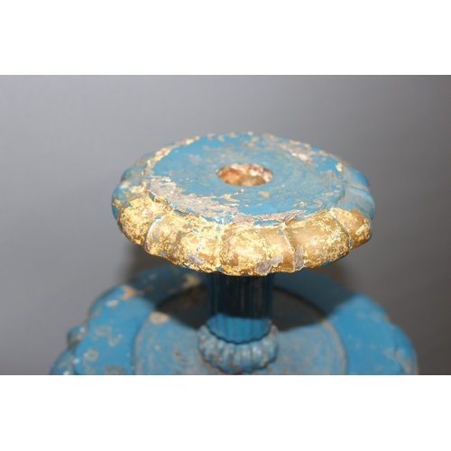 138 - A vintage blue painted wooden candlestick, approx 140cm tall