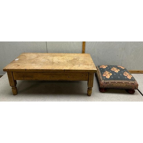 102 - A small tapestry topped foot stool and a light oak low table (2)