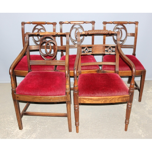 19 - 5 assorted antique red seated mahogany chairs with decorative carved backs