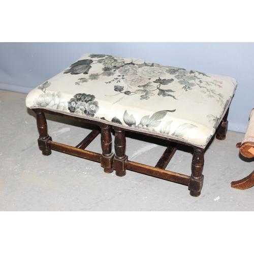 29 - 2 vintage footstools with upholstered tops, the larger approx 55cm wide x 36cm deep x 24cm tall