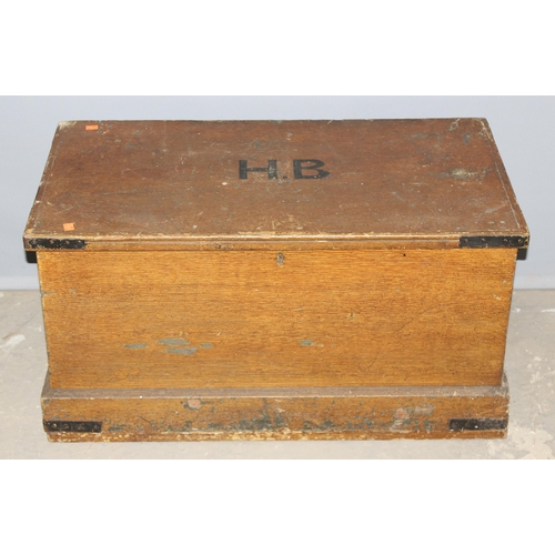 102 - An antique scumble pine box with iron corners, approx 84cm wide x 46cm deep x 44cm tall