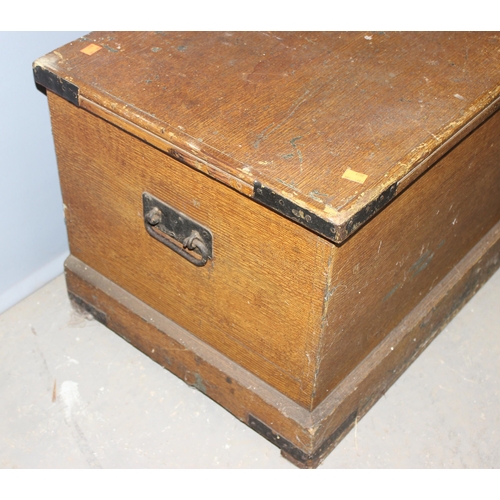 102 - An antique scumble pine box with iron corners, approx 84cm wide x 46cm deep x 44cm tall