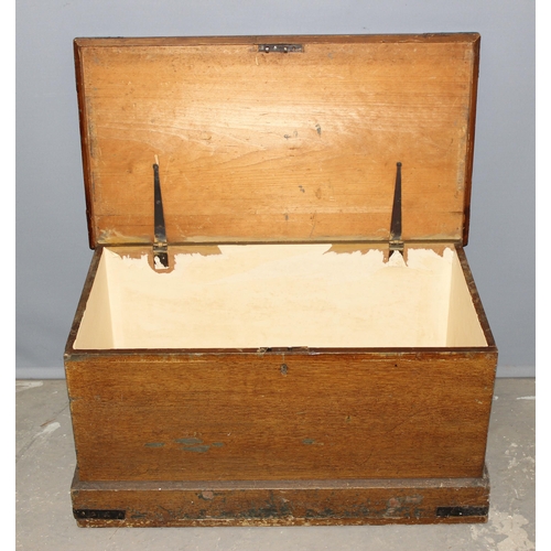 102 - An antique scumble pine box with iron corners, approx 84cm wide x 46cm deep x 44cm tall