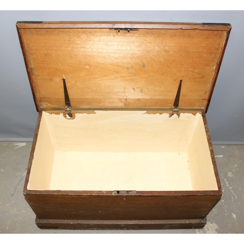 102 - An antique scumble pine box with iron corners, approx 84cm wide x 46cm deep x 44cm tall