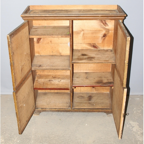 11 - An unusual scumble painted pine 4 door cupboard with shelves, approx 91cm wide x 35cm deep x 110cm t... 