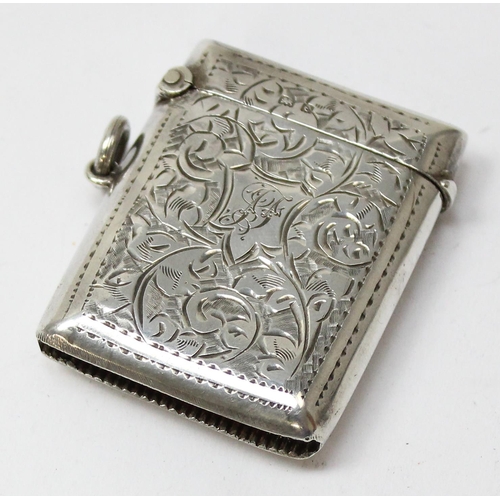 1019 - An antique silver vesta case with acanthus scroll engraving, Birmingham 1904 by Thomas James Skelton... 