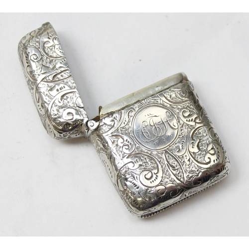 1020 - An antique silver vesta case with acanthus scroll engraving, Birmingham 1904 by Cornelius Desormeaux... 