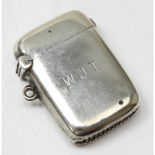 1025 - An antique silver vesta case plain design with engraved initials, Birmingham 1902 by Clark & Sewell,... 