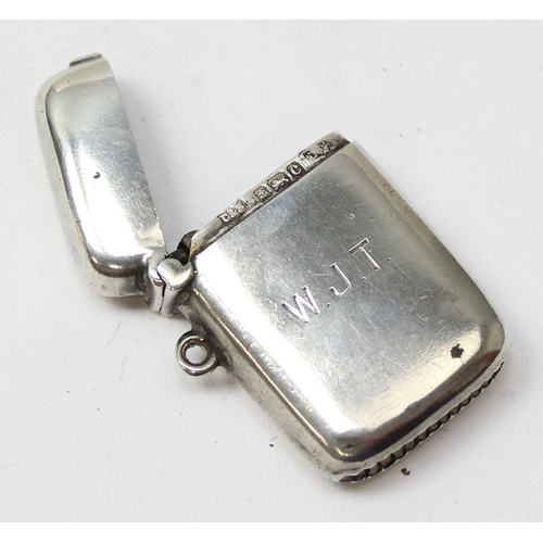 1025 - An antique silver vesta case plain design with engraved initials, Birmingham 1902 by Clark & Sewell,... 