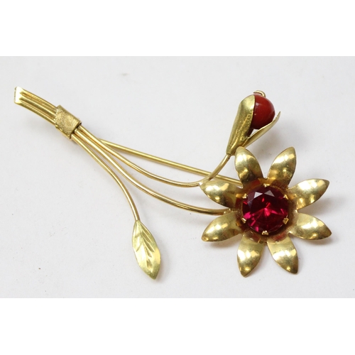 1128 - 18ct gold brooch formed as a flower set with garnet and coral, marked 750 and XRF confirmed, approx ... 