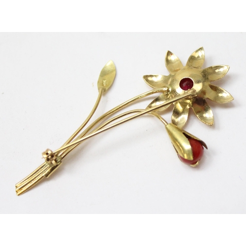 1128 - 18ct gold brooch formed as a flower set with garnet and coral, marked 750 and XRF confirmed, approx ... 