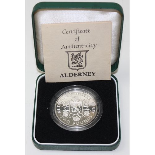 1254 - Royal Mint 1989 Alderney silver proof commemorative £2 coin, boxed with paperwork