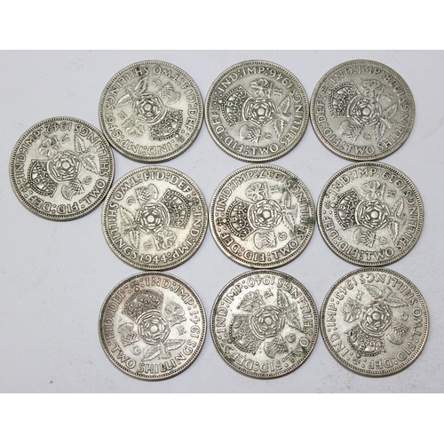 1255 - Date run of George VI silver florins, 1937-1946 inclusive, 10 coins, approx 111.89g gross