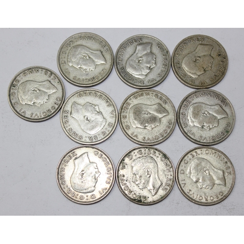 1255 - Date run of George VI silver florins, 1937-1946 inclusive, 10 coins, approx 111.89g gross