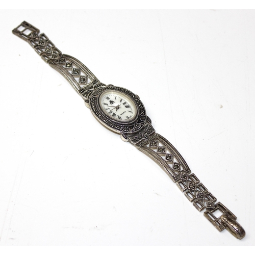 1318 - An Art Deco style silver marcasite cocktail watch by Brooks & Bentley, boxed