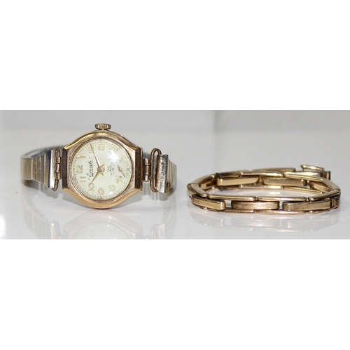 1320 - A vintage 9ct gold cased ladies watch, London 1959, with a gold plated strap, a further 9ct gold met... 