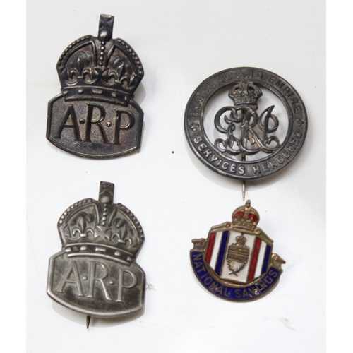 1421 - 2 WW2 period silver ARP badges, a silver Services Rendered badge, numbered 8219205 and a National Sa... 