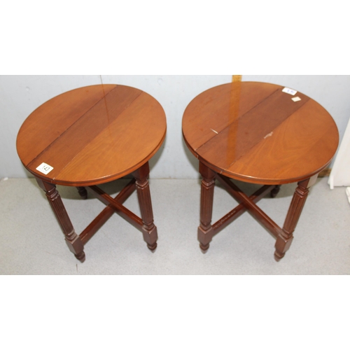 143 - Pair of wooden circular folding tables, approx 48cm H x 43cm W x 43cm D