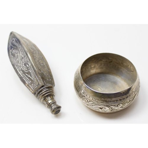 1635 - An Indian silver plated tea strainer, a silver plated perfume flask, a carved bone etui and contents... 